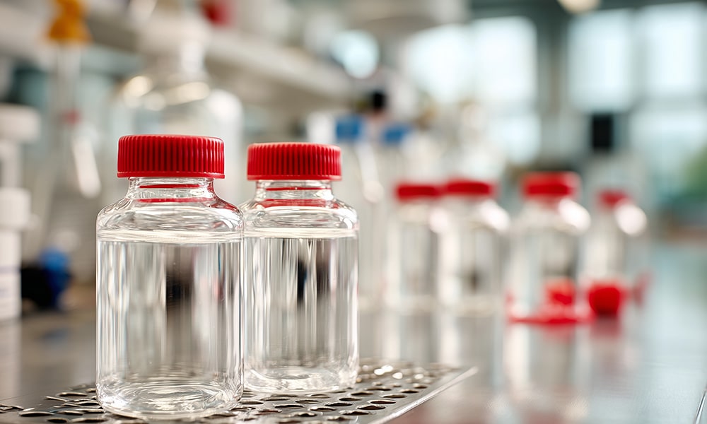 Plan de travail d'un laboratoire où sont posés des flacons de produits chimiques