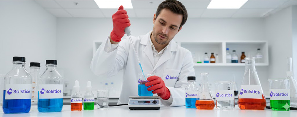 Travailleur dans une laboratoire en train de manipuler des produits chimiques de la marque Solstice