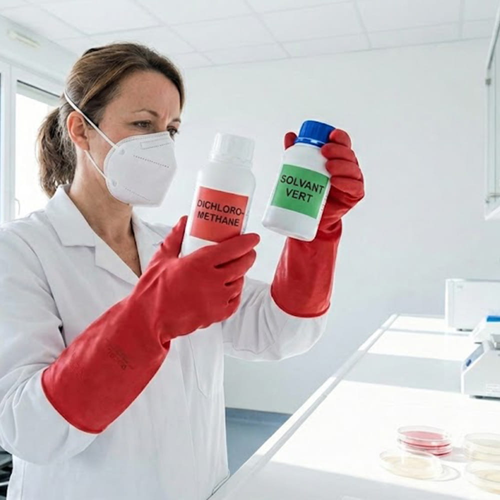 Scientifique en train de comparer le dichlorométhane et les solvants vert que propose Analytic Lab