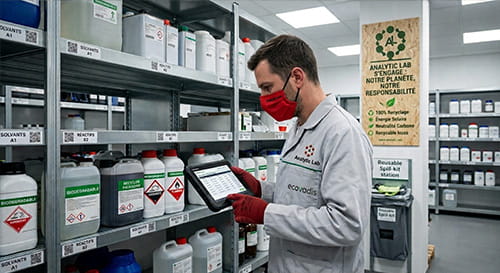 Collaborateur d'Analytic Lab en train de contrôler les stocks de produits chimiques et réactifs de manière engagé avec Ecovadis