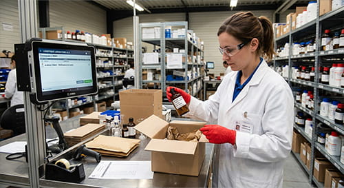 Fournisseur de produits chimiques en train de préparer une commande